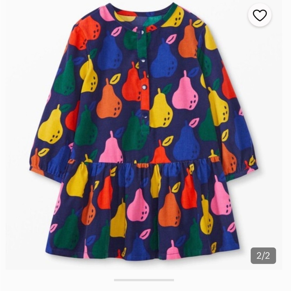 Hanna Anderson Girls' Navy Pear Print Long-Sleeve Dress Worn once only Size 6-7